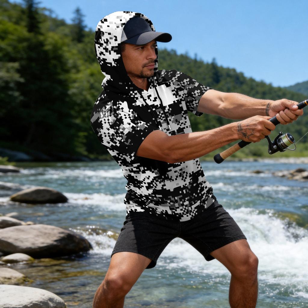 Sudadera con Capucha para Hombre Estampado de Camuflaje Manga Raglán Casual Pesca Deportiva Protección Solar Manga Corta Ligera Transpirable Camisa para Exteriores