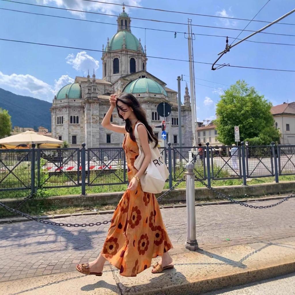Travel Wear Seaside Vacation Temperament Printed V-Neck Dress Bohemian Beach Dress Summer