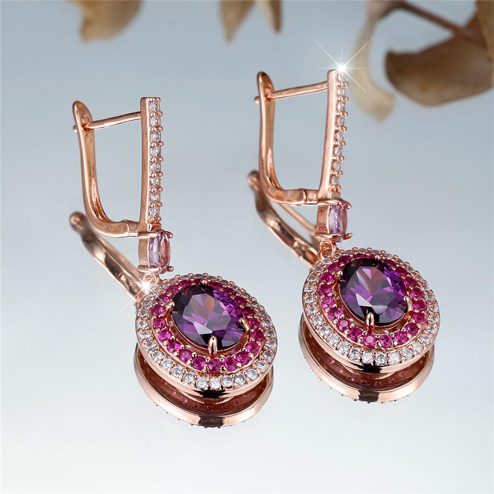 

Элегантные овальные серьги-кольца с фиолетовым камнем для женщин, овальные висячие серьги золотого цвета, свадебные украшения фиолетовый/розового золота