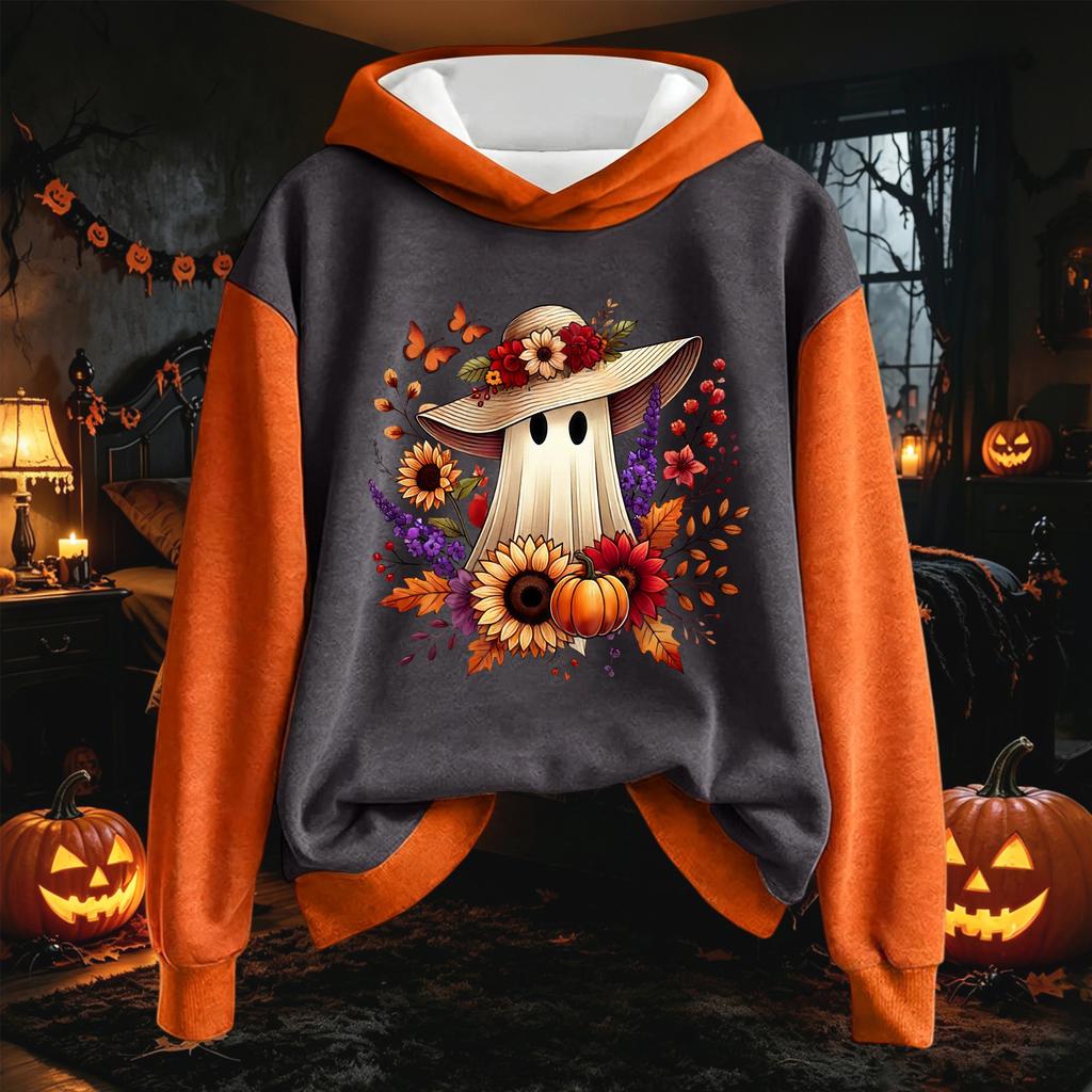 Women's Long Sleeve Pullover Hoodie with Halloween Print Drawstring Hood for Casual Wear