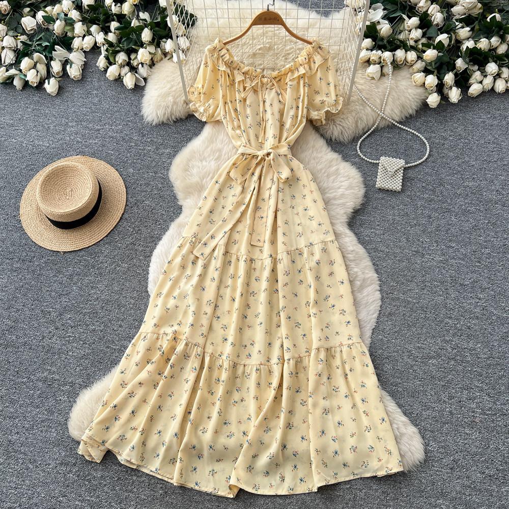 French gentle wind red floral dress women's summer lotus leaf edge waist thin A word temperament long dress