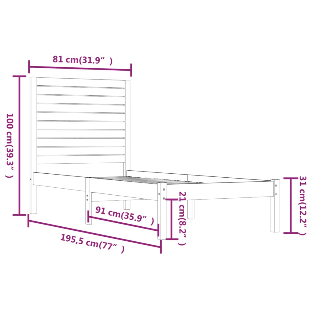 Vidaxl Bed Frame, Solid Wood, 75X190 Cm, Single