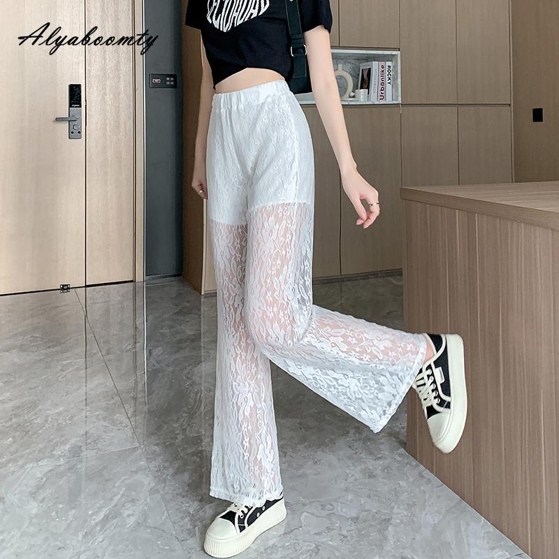 Korejská móda letní dámské bílé krajkové kalhoty s elastickým pasem, tenké stylové dámské elegantní ženské kalhoty se širokými nohavicemi