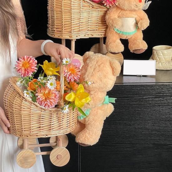 Stroller Shaped Flower Basket Rattan Woven Candy Basket with Handle Portable Decorative Rustic Basket with Wheels for Weddings Baby Showers