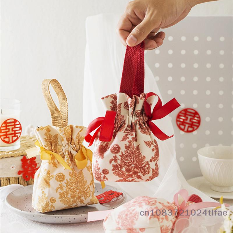 1PC Flower Printed Drawstring Candy Pouch Bag, Handle Bag Gift for Wedding Party