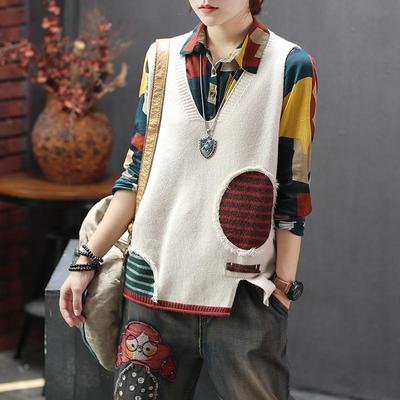 Autumn And Winter Fashion New Loose Knit Vest Sleeveless Color Matching V-neck Pullover Sweater Women's Wild Casual