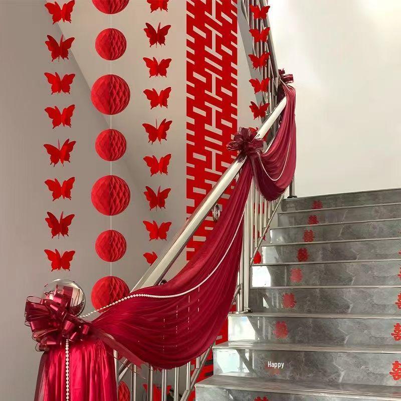 Elegant Stair Handrail Decorations: Gauze Curtains, Red Banners, Lanterns, and Flowers for Wedding Halls