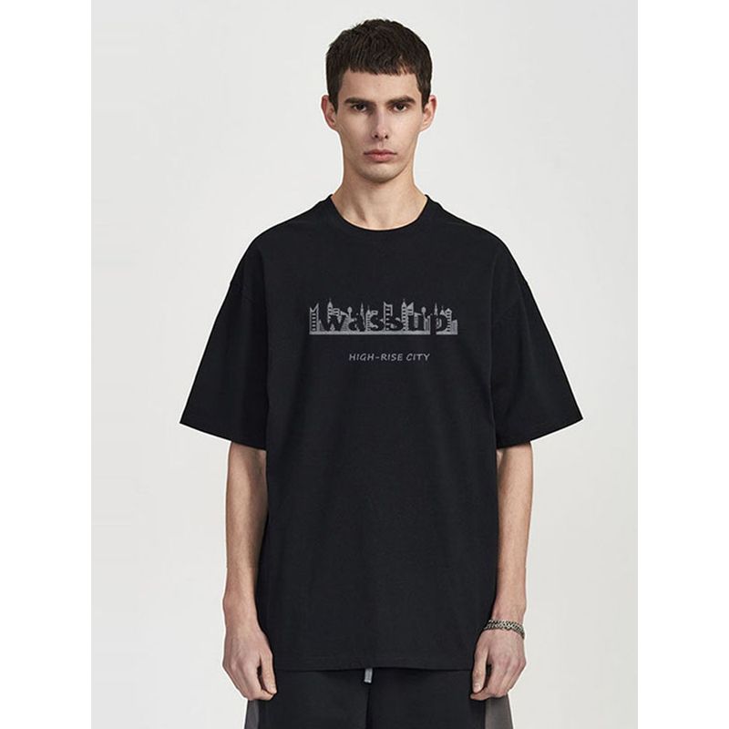 Wassup Heods Summer National Trend Brand Letter Print Street Style Loose Round Neck Heavyweight Couple Short-Sleeve T-Shirt for Men