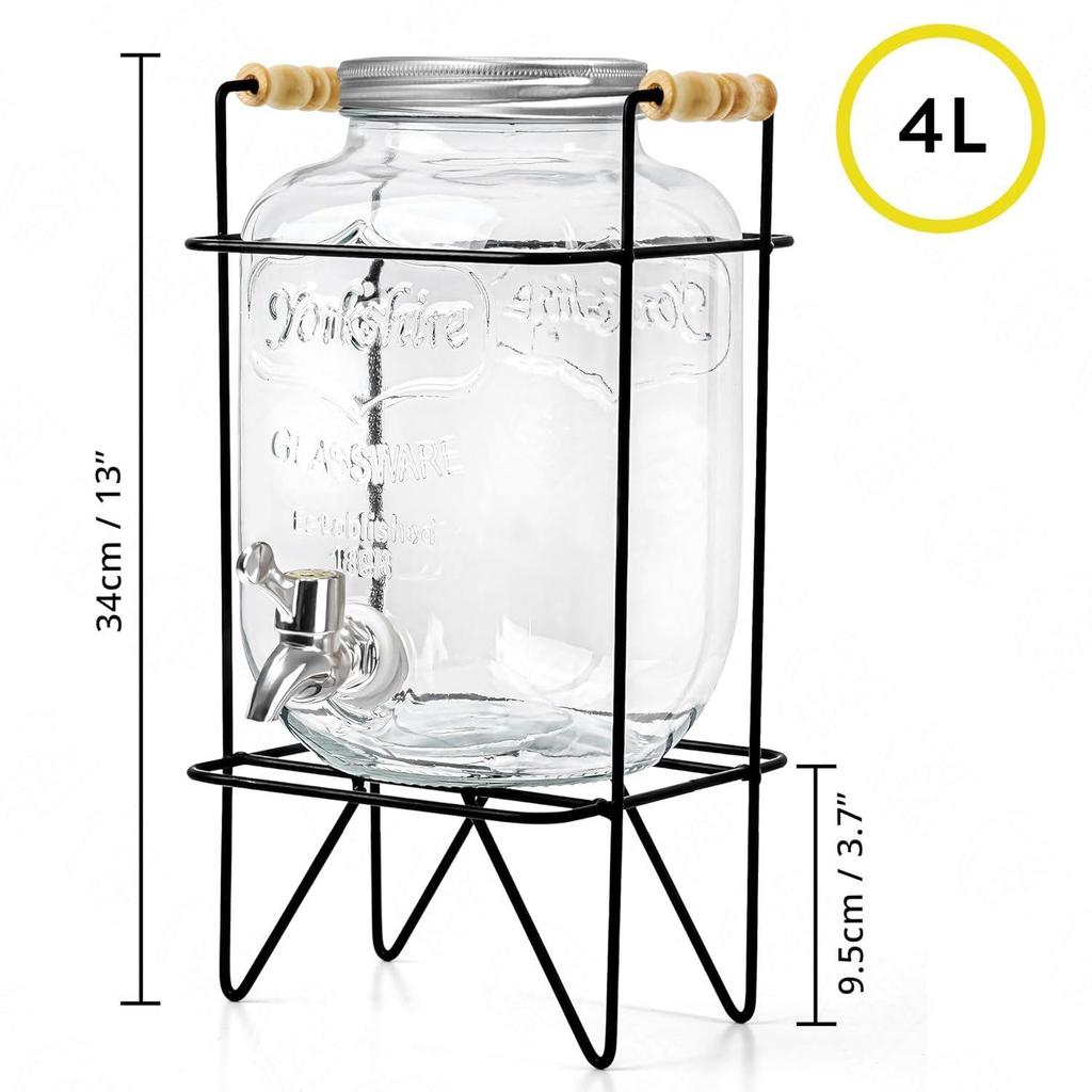 4 Litre Glass Water Dispenser with Stand - Air Tight Lid Glass Pitcher for Detox Water - Counter Table Top Juice Infused Water Beer Dispenser