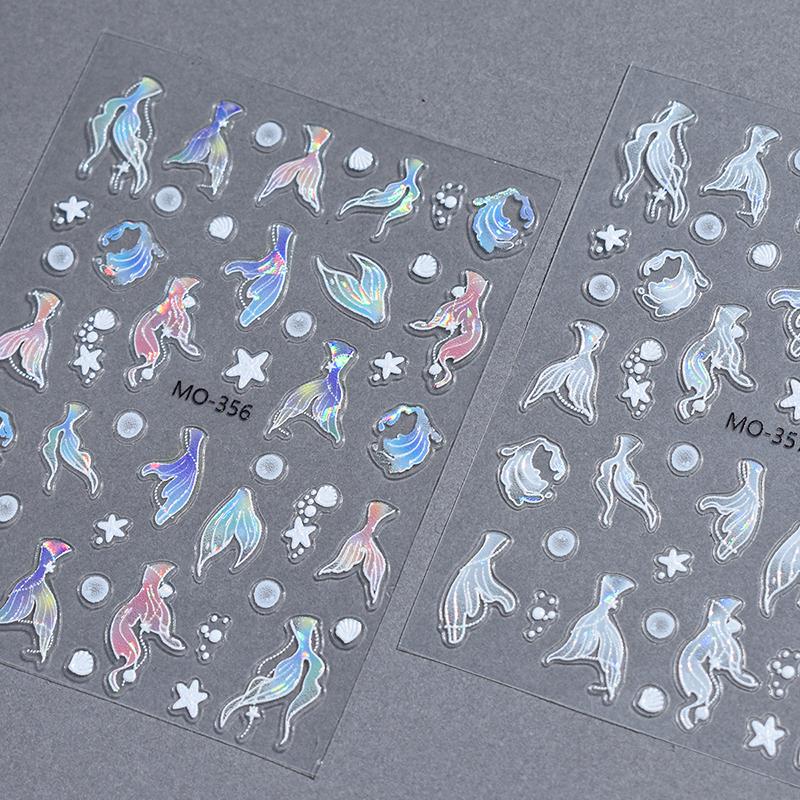 5D Holographic Mermaid Tail Nail Art Stickers Aurora Mermaid Shellfish Starfish Nail Decals Ocean Design Manicure Foils Decors