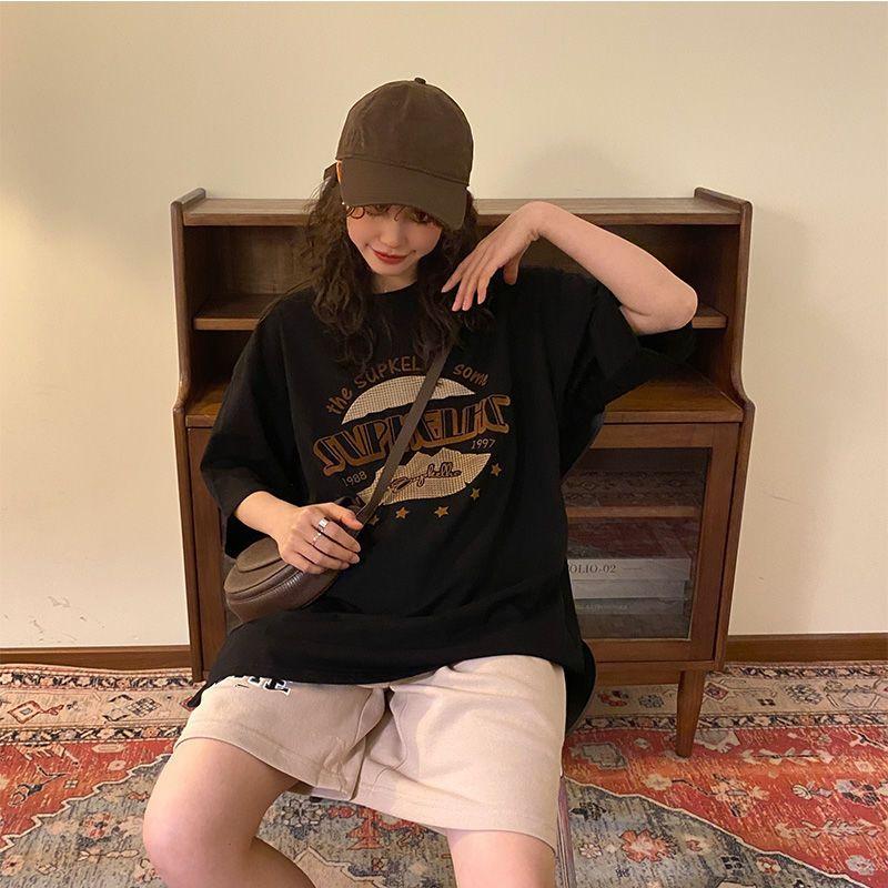 

Хлопковая футболка женская летняя свободная с короткими рукавами американский винтажный дизайн топы с полурукавами и смысловым принтом 4XL чёрный