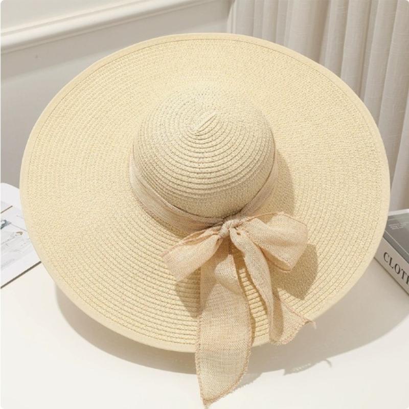 Cappello da Sole Estivo a Tesa Larga per la Spiaggia all'Aperto Moda Bordo Larga Pieghevole Cappello da Sole da Donna Colore Unito Decorazione Fiocco Cappello a Cilindro
