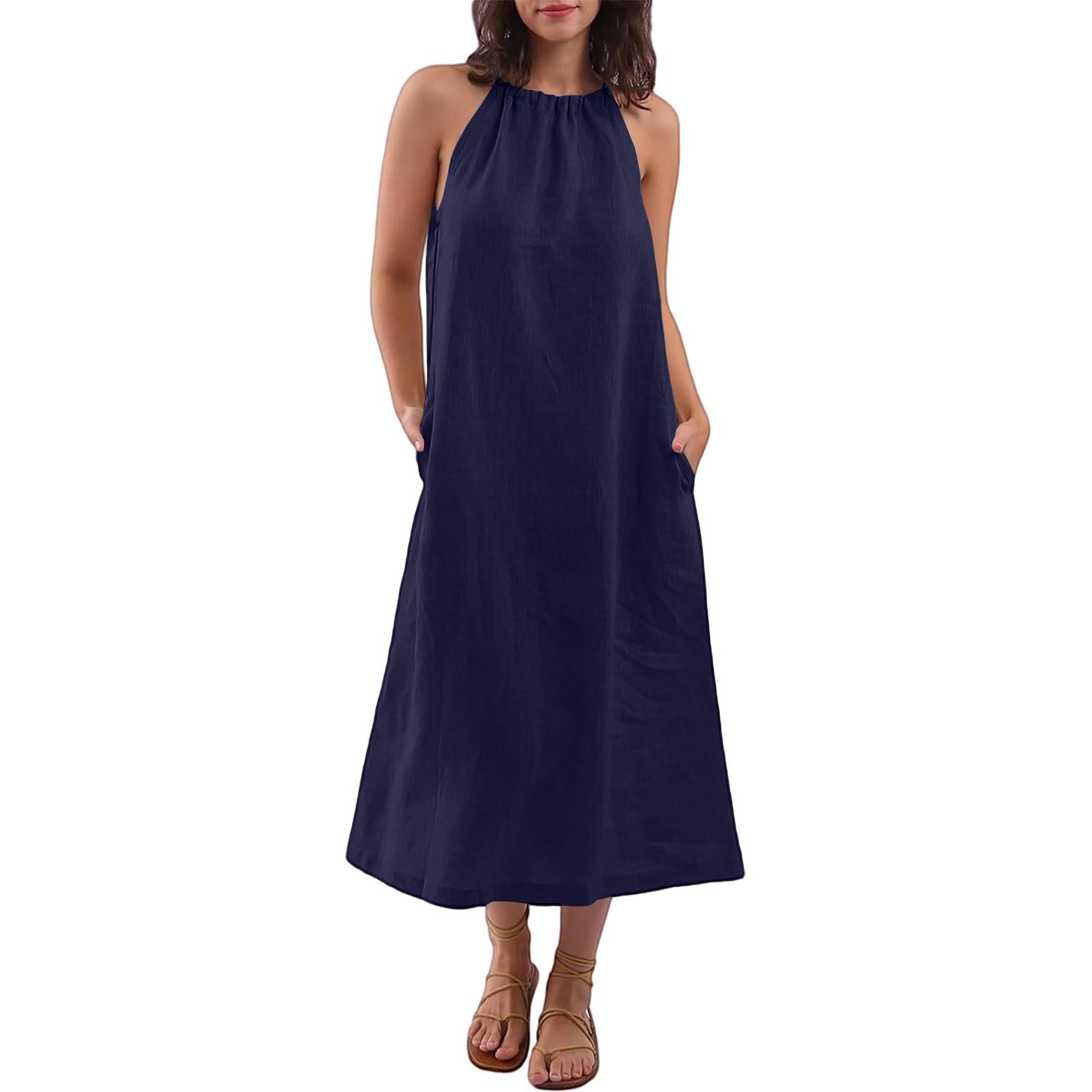 

Женские модные платья из хлопка и льна без рукавов с круглым вырезом и бретелями XXL тёмно-синий