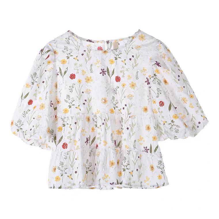 Women's Hollow Jacquard Puff Sleeve Babydoll Blouse - Summer Pullover Round Neck Top