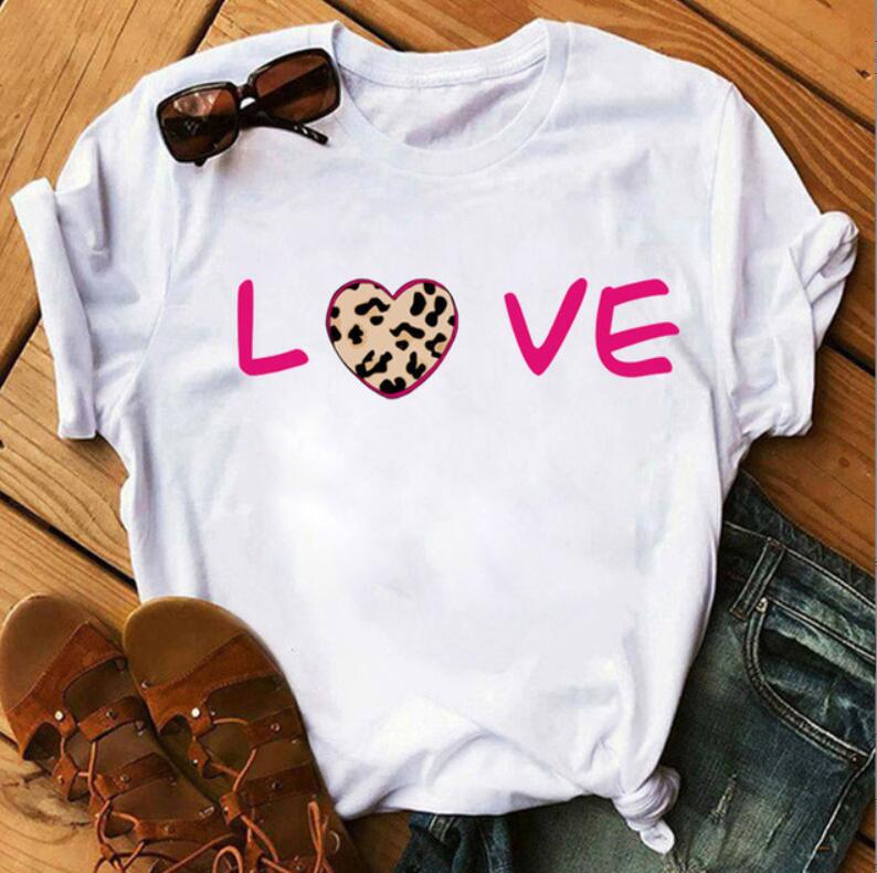 Women's Round Neck White Short-sleeved T-shirt Fashion Printed Valentine's Day Base Shirt Aesthetic Clothes Summer Polyester
