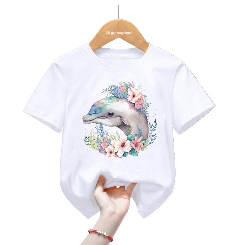 Watercolor Dolphin Love Printed Tshirt Girls/Boys Harajuku Kawaii Kids Clothes Summer Fashion Short Sleeve T-Shirt