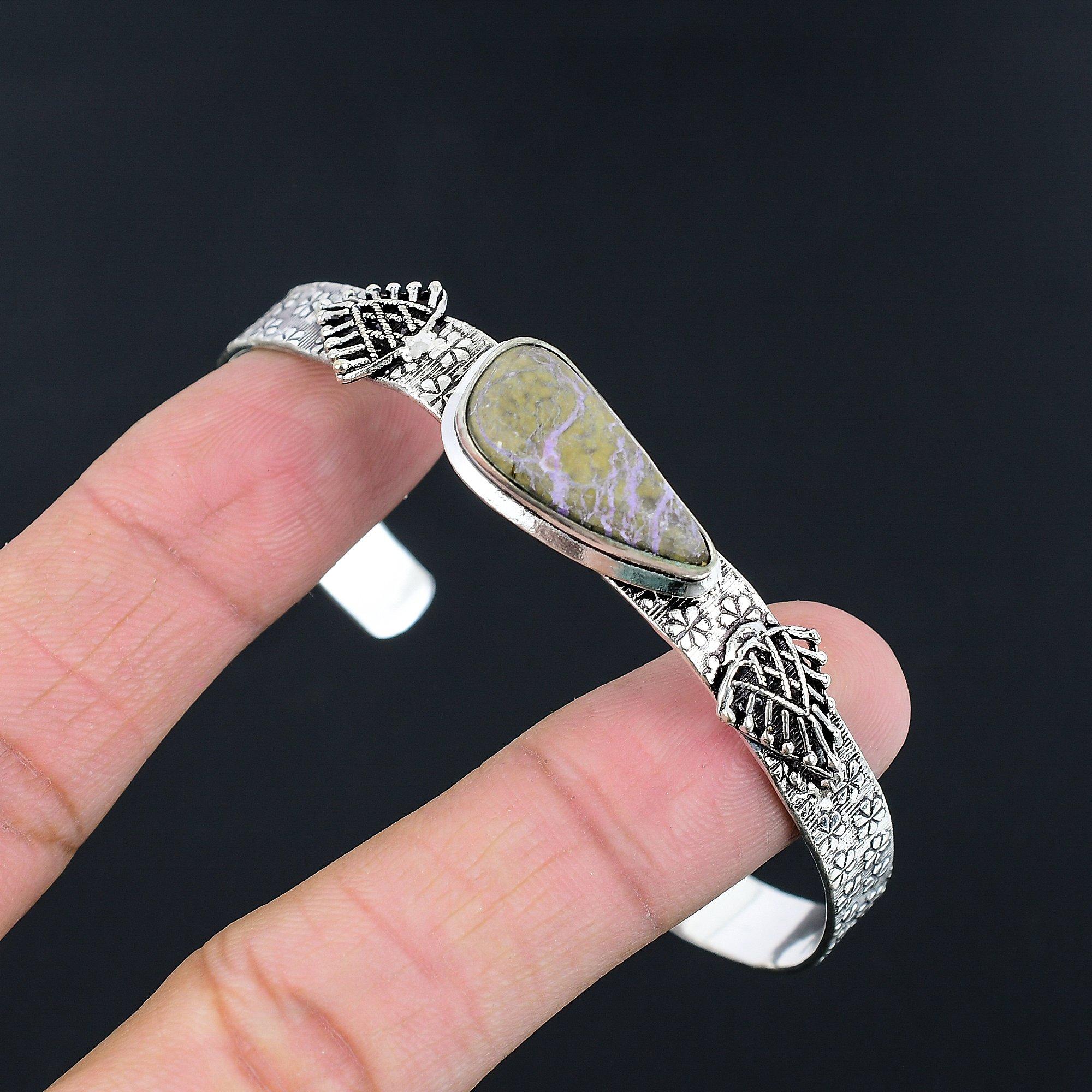 

Pear Purpurite Stone Art Deco Engagement Wife Bangle Jewelry 925 Sterling Silver Adjustable