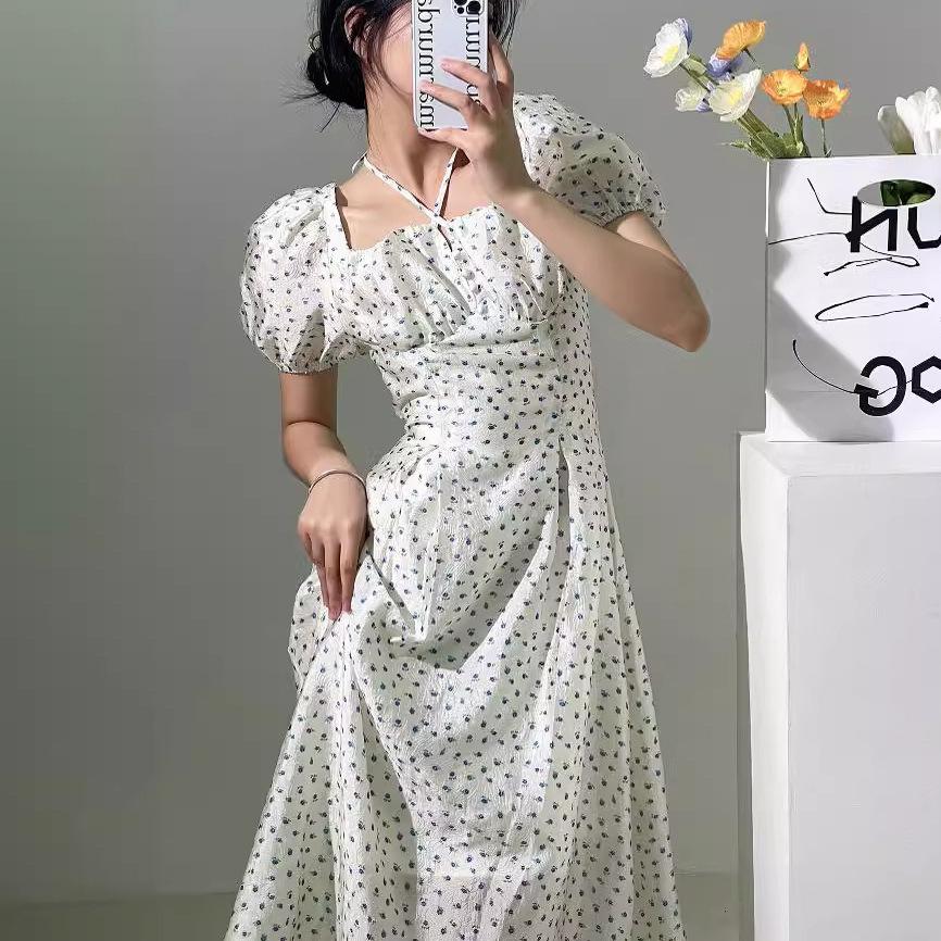 Japanese Floral New Bubble Sleeve Strap Medium and Long Dress Casual Style Light Color Dress Hanging Neck Square Collar Thin French Style