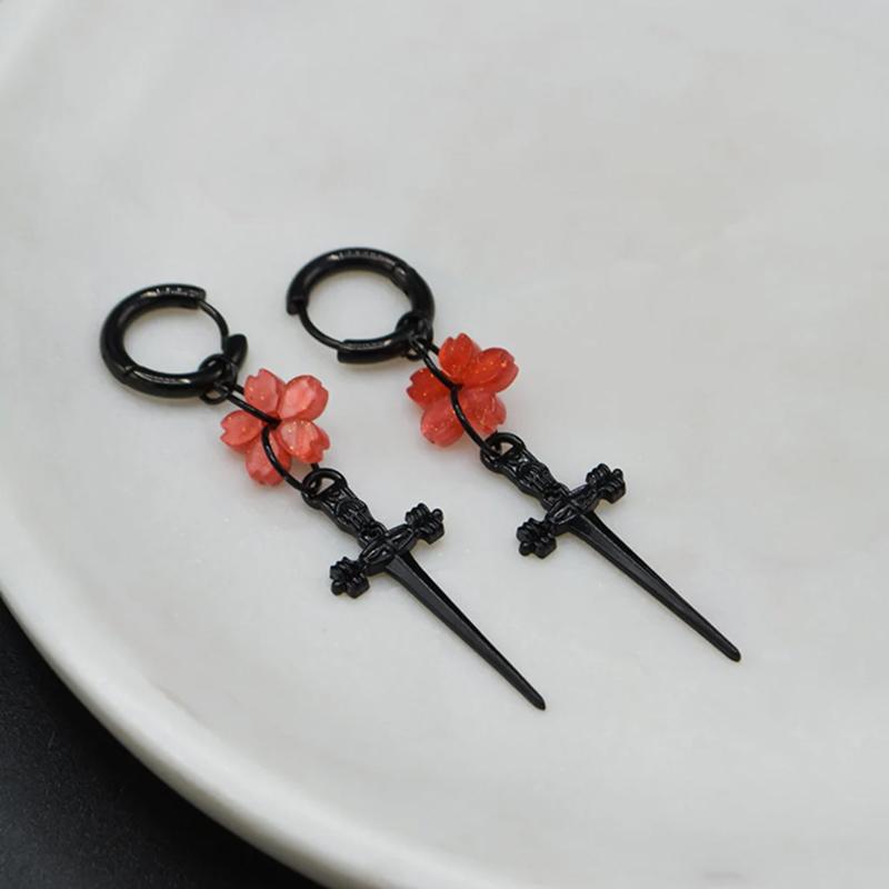 Черные Серьги-Лезвия Сакуры Подвеска-Меч Цветения Сакуры Маленькие Кольца Для Женщин Готическая Бижутерия