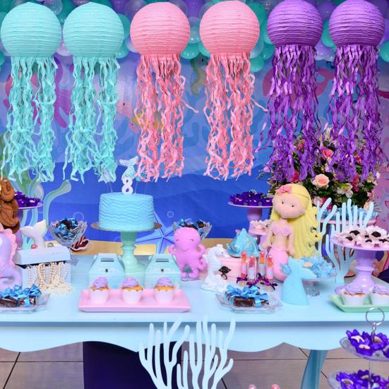 6 Pcs Paper Lanterns Hanging Jelly Fish Paper Lanterns Long Tassels Solid Color Mermaid Theme Party Sea Ocean Animal Birthday