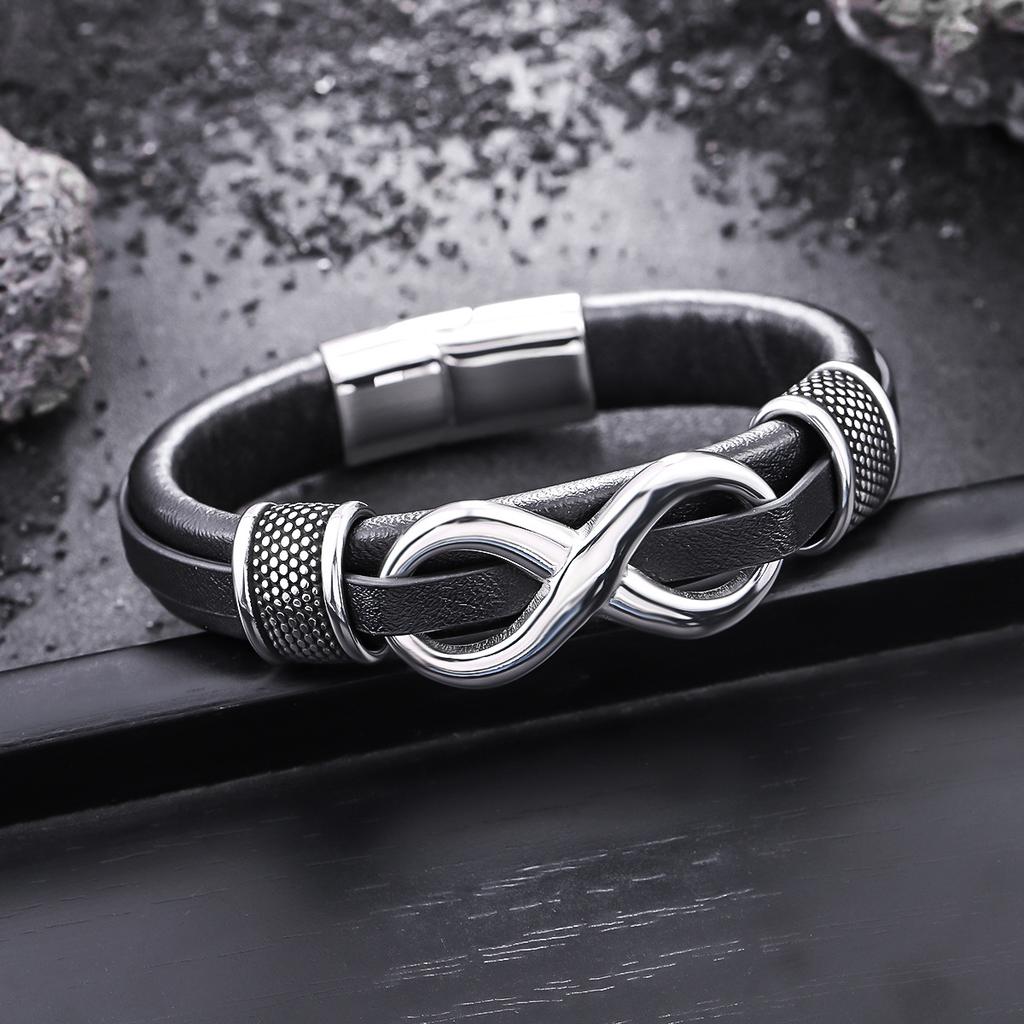 8-character leather braided bracelet with unique retro style stainless steel clasp jewelry for both men and women