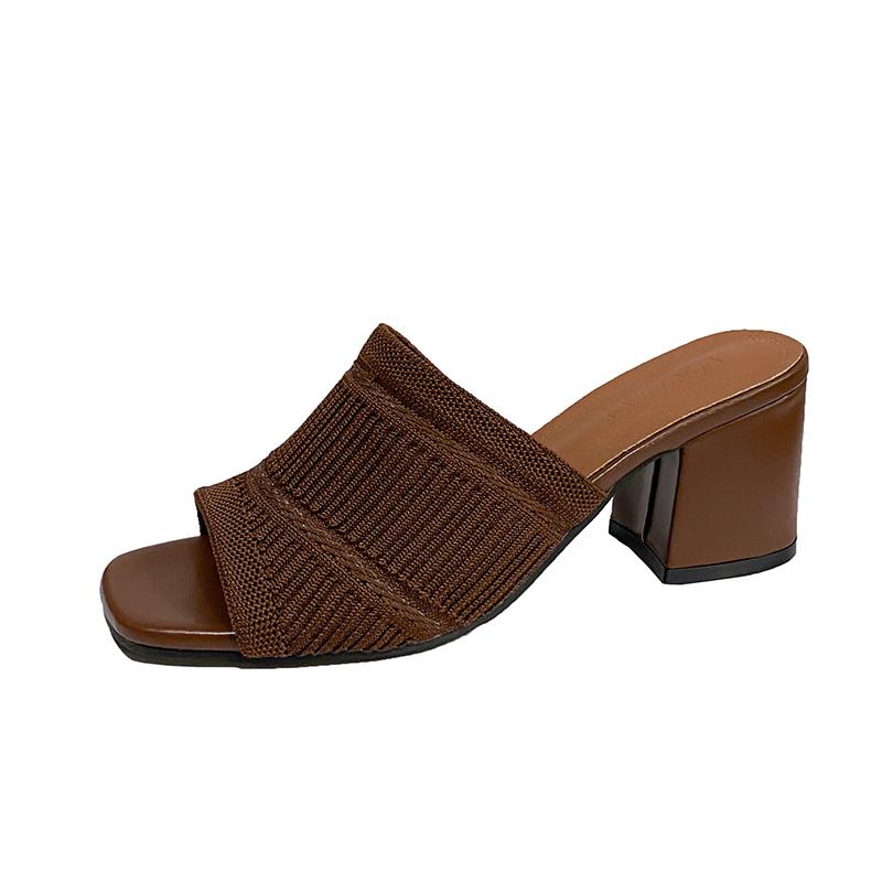 Fashion Summer New Coarse Slippers Women's Square Head Shallow Mouth Mesh Cloth Breathable Open Toe Non-slip Sandals