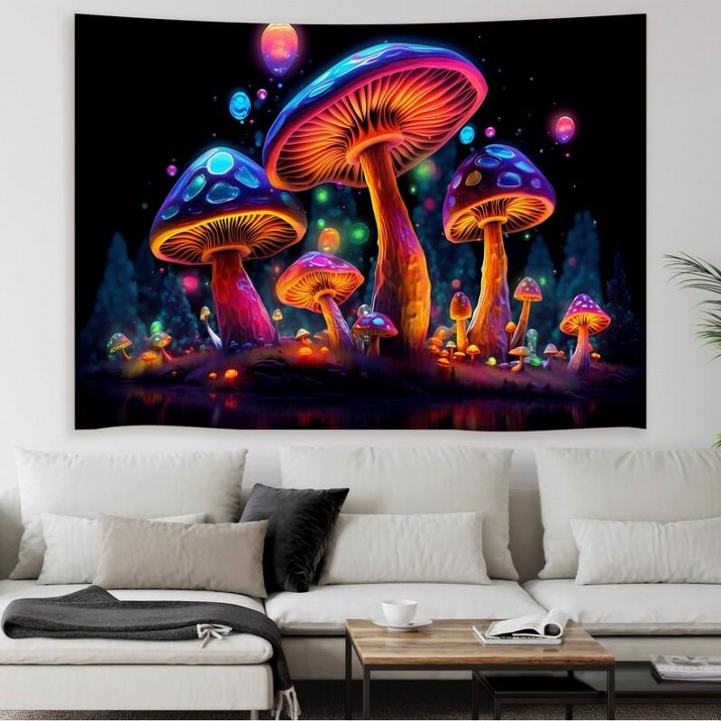 UV Reactive Blue Mushroom Tapestry Psychedelic Dark Forest Wall Hanging for Blacklight Party Bedroom Home Decor