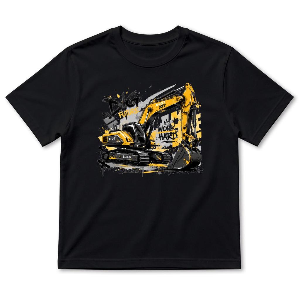 Summer Boys' Cartoon Excavator Cotton T-Shirt, Short Sleeve, Breathable Casual Layer