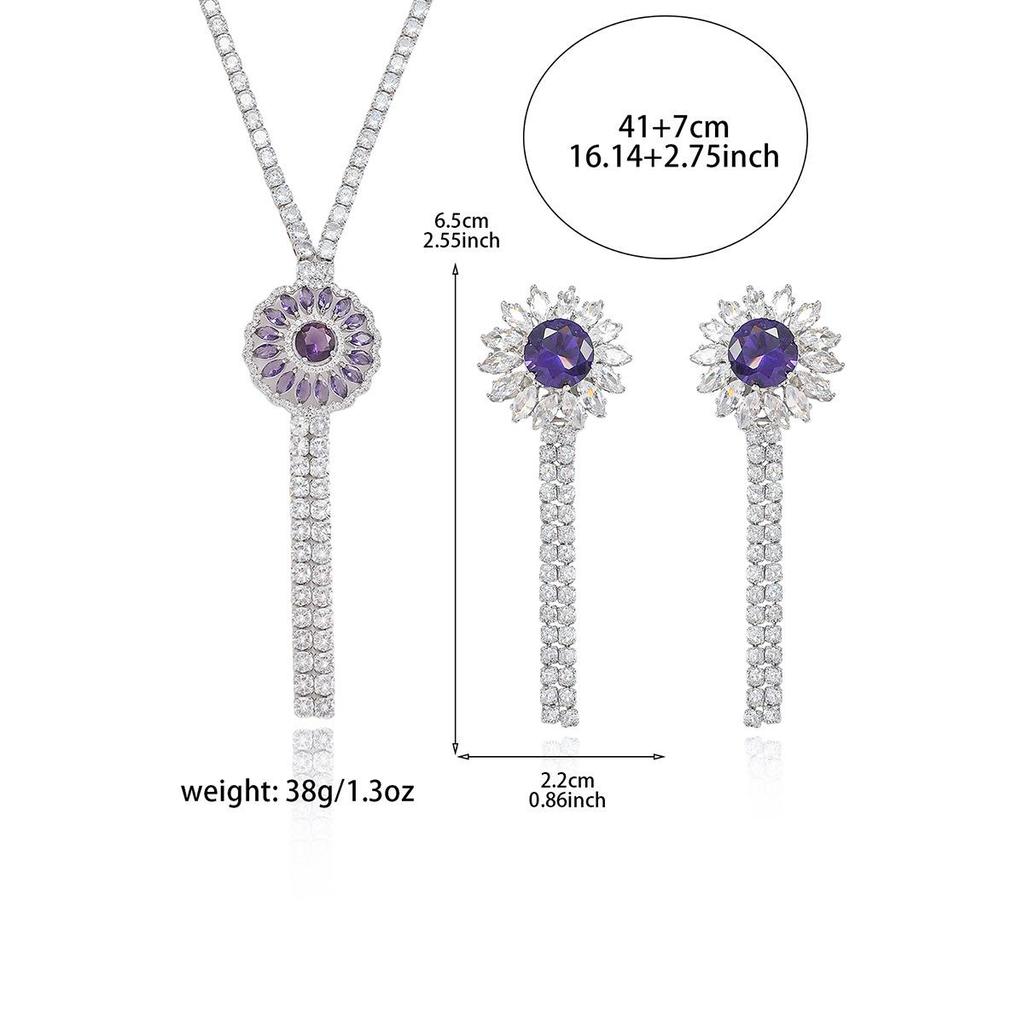 European Style Zircon Purple Diamond Flower Necklace & Earrings Set