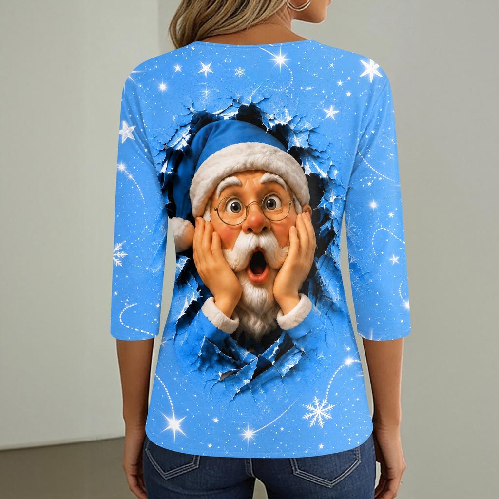 Women's Fashion Casual Christmas Print V-Neck 3/4 Sleeve Button T-Shirt Top
