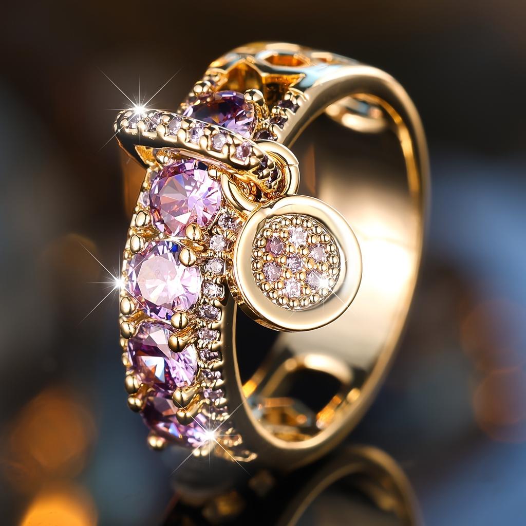 1pc ANGOL Bohemian Purple & Clear Synthetic Synthetic Zirconia Ring for Women, Golden-Tone Wave Design EngaSynthetic Gemstoneent Wedding Jewelry, Ever