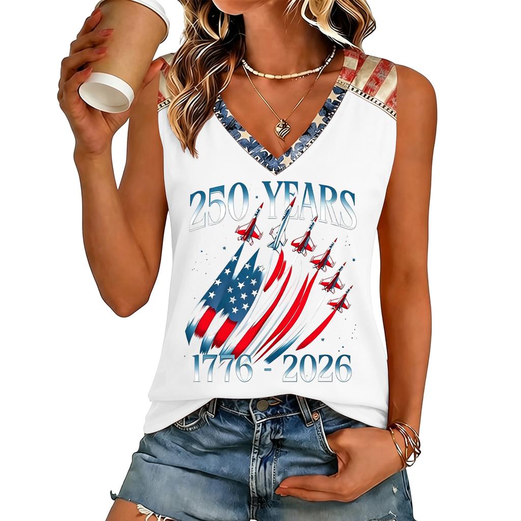 Womens V Neck Casual Short Sleeve Top with 250 Years 1776 2026 Letter Print Loose Fit Lightweight T Shirt for Summer Daily Wear
