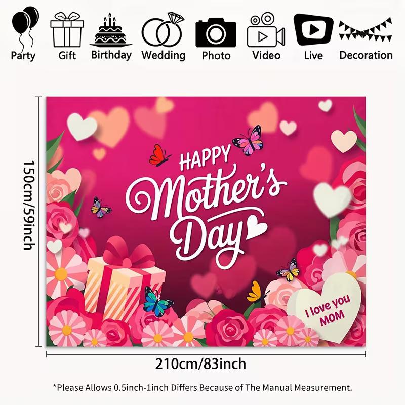 2D Romantic Mother's Day Backdrop Pink Heart and Flower Butterfly Decoration for Photo Booth
