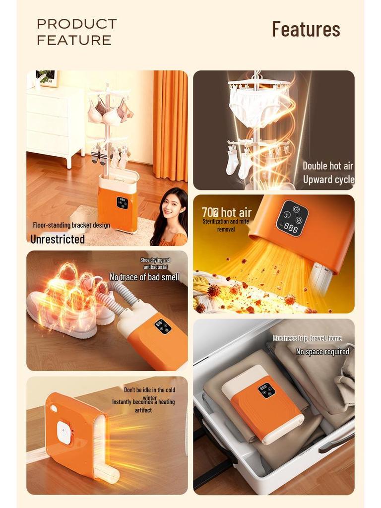 Compact Multifunctional Shoe and Clothes Dryer with Timer and Sterilization