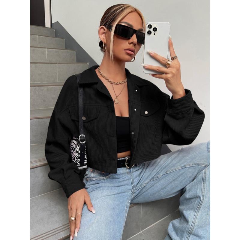 

Осенняя вельветовая короткая куртка, новая мода, повседневная черная рубашка с лацканами и длинным рукавом, пальто для женщин, большой размер, элегантная простая одежда 1360 XXL чёрный