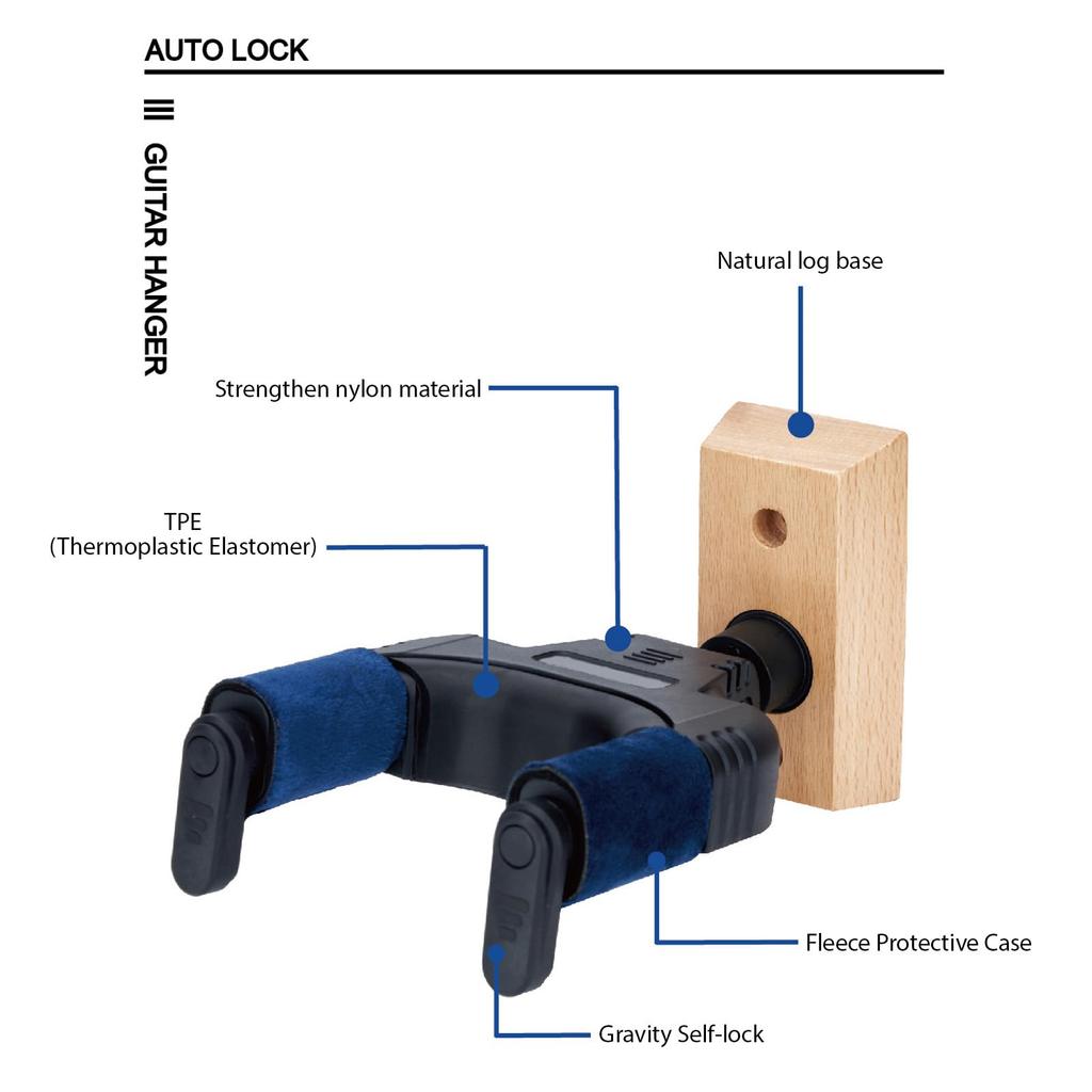 Btuty Guitar Hook Wall Mount Auto Lock Gravity Rotatable 45 Beech Protects Base Guitar Instrument Hanger Hanger, Degrees, Wood,