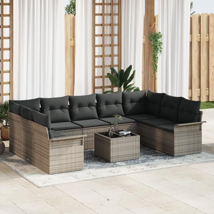 Ensemble de Canapé de Jardin 9 Pièces avec Coussins Noir Poly Rattan, Canapé de Jardin 2 Places avec Rangement et Coussins 3354198