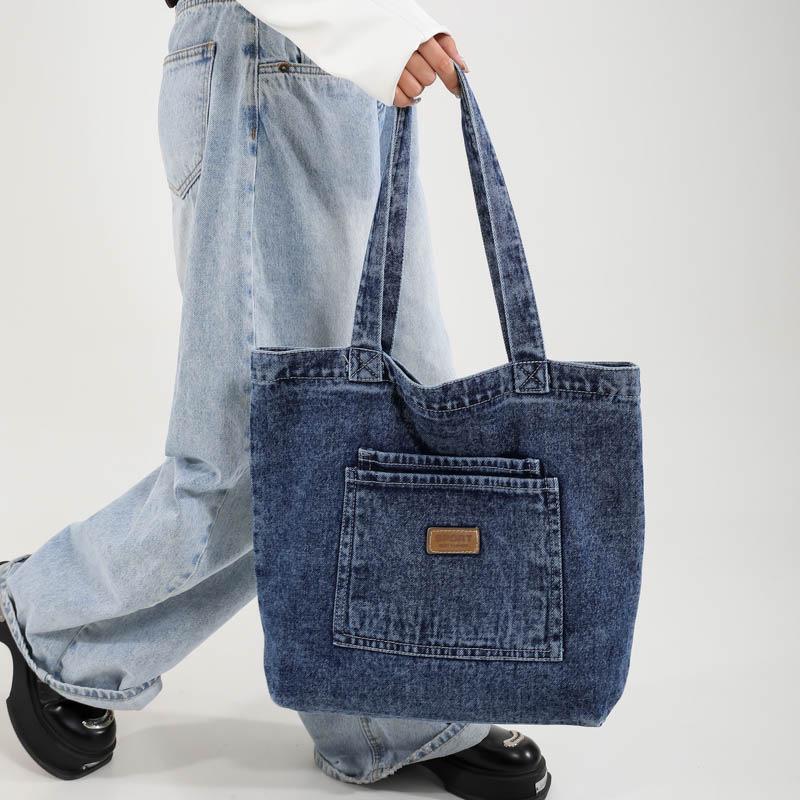 Korean Style Versatile Denim Tote & Crossbody Bag - 2025, Large Capacity Women's Casual Commuter Trend.