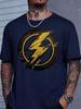 Unisexs Blue Crew Neck Tee Lightning Circle Retro Print Short Sleeve Loose Casual Summer Breathable Street Top For Male Daily Wear