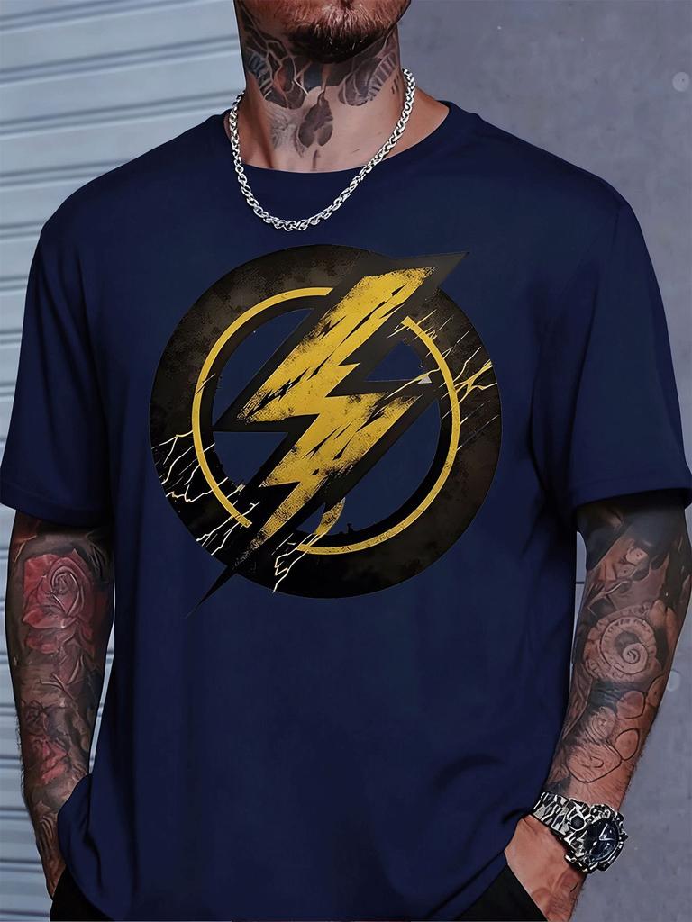 Unisexs Blue Crew Neck Tee Lightning Circle Retro Print Short Sleeve Loose Casual Summer Breathable Street Top For Male Daily Wear