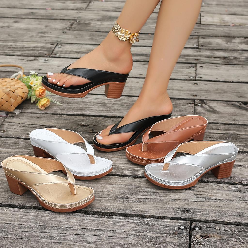Women Sandals High Quality 2025 Fashion New Shoes Women Solid Color Open Toe Sandals Women High Heels Casual Beach Flip Flops