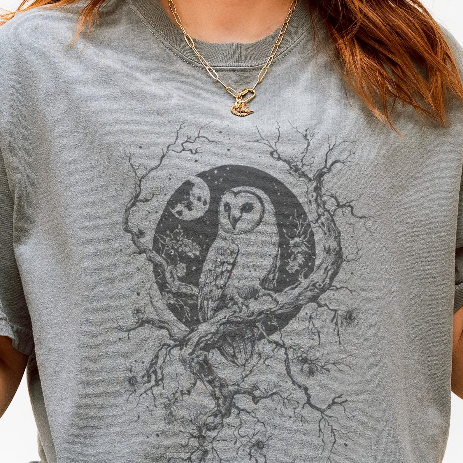 Cosmic Owl T-Shirt, Whimsigoth Moon Stars Graphic Tee Forsetcore outdoor nature Love Comfort Colors 130