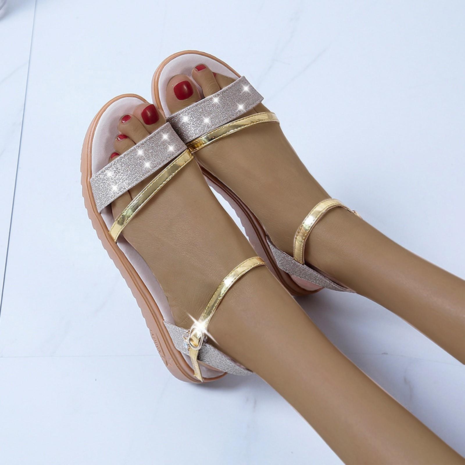 

Женские римские туфли с блестками и рыбьим ртом, модные босоножки на низком каблуке со стразами 38 золотой