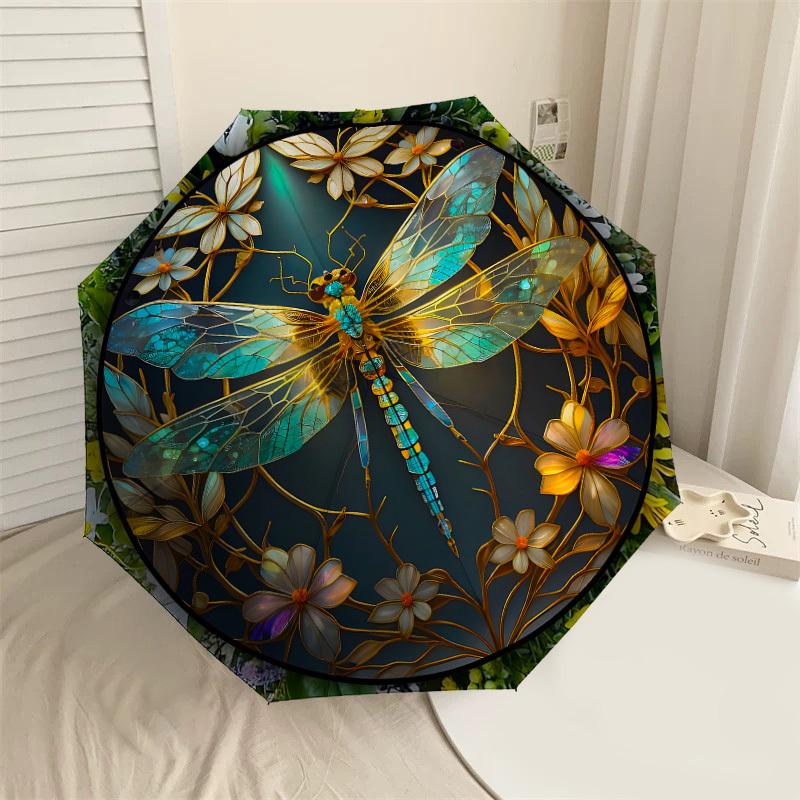 1pc Dragonfly Flowers Automatic Open/Close Umbrella with Windproof, 8-Rib Sturdy Canopy, Durable Ribs, Fashionable Design1173A