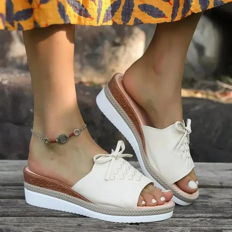 Fashion Pu Leather Women's Wedge Sandals Summer 2025 Bowknot Open Toe Plus Size Rome Sandals Woman Comfortable Lightweight Beach Sandles
