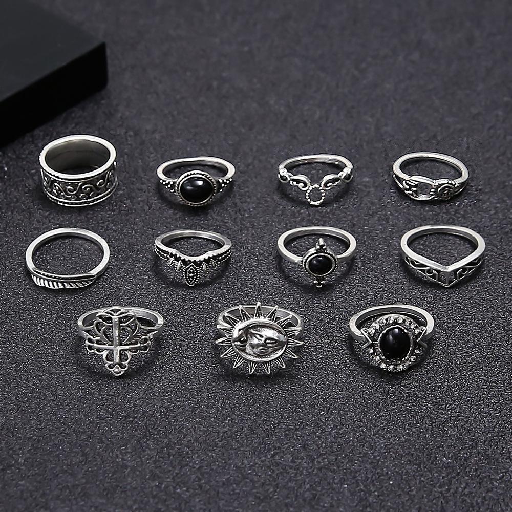 European and American Ornament Hollow-carved black gemstone micro-set diamond ring, sun smiley face ring, women's jewelry set