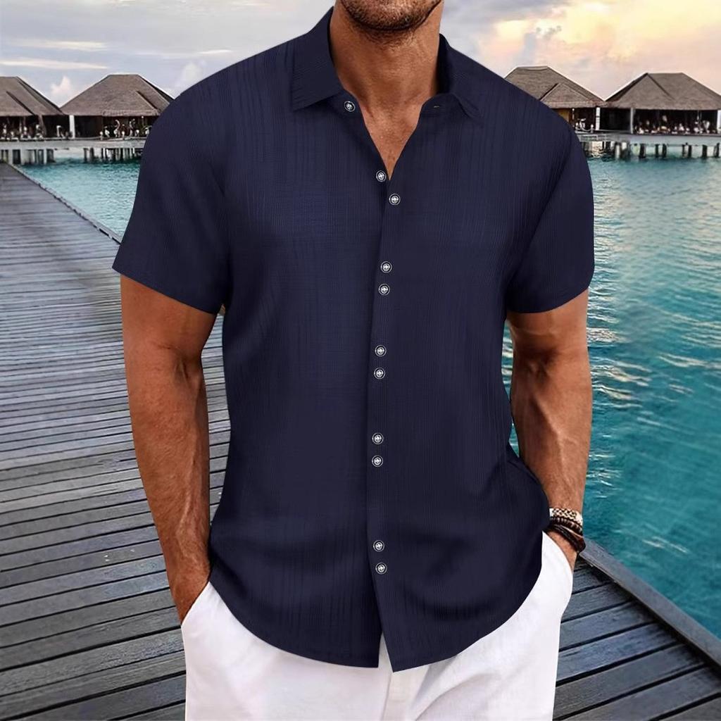 Mens Casual Loose Jacquard Striped Short Sleeve Button Down Shirt