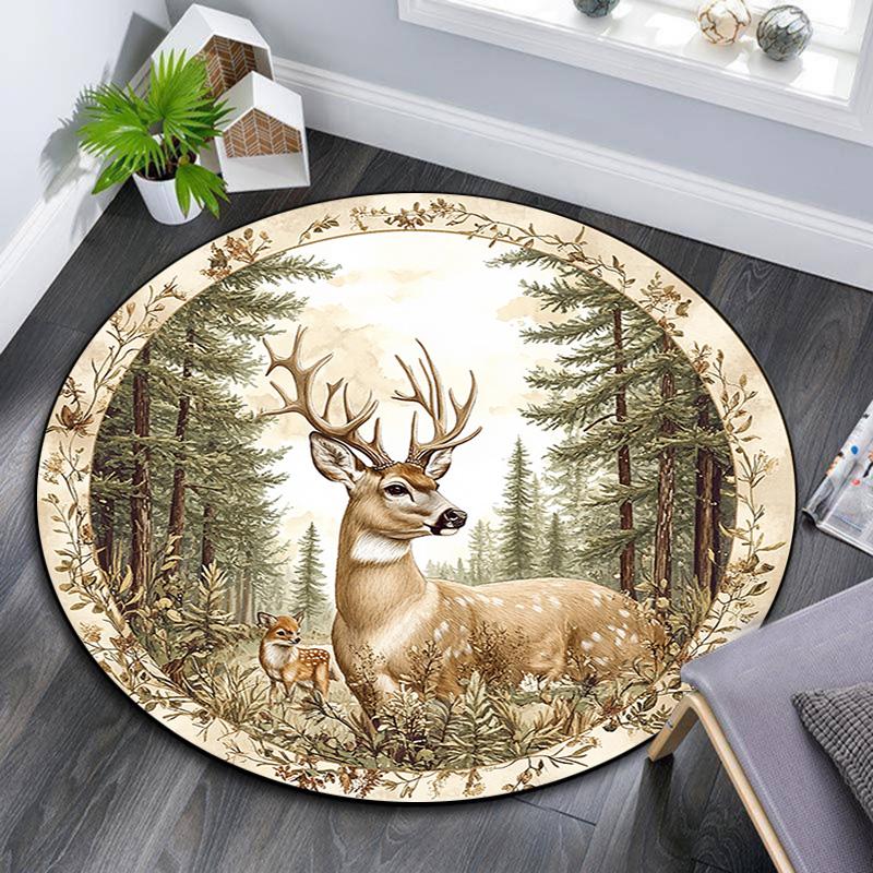 Deer Forest Round Area Rug,Carpet Rug for Living Room Bedroom Sofa Playroom Decor,Non-slip Floor Mat
