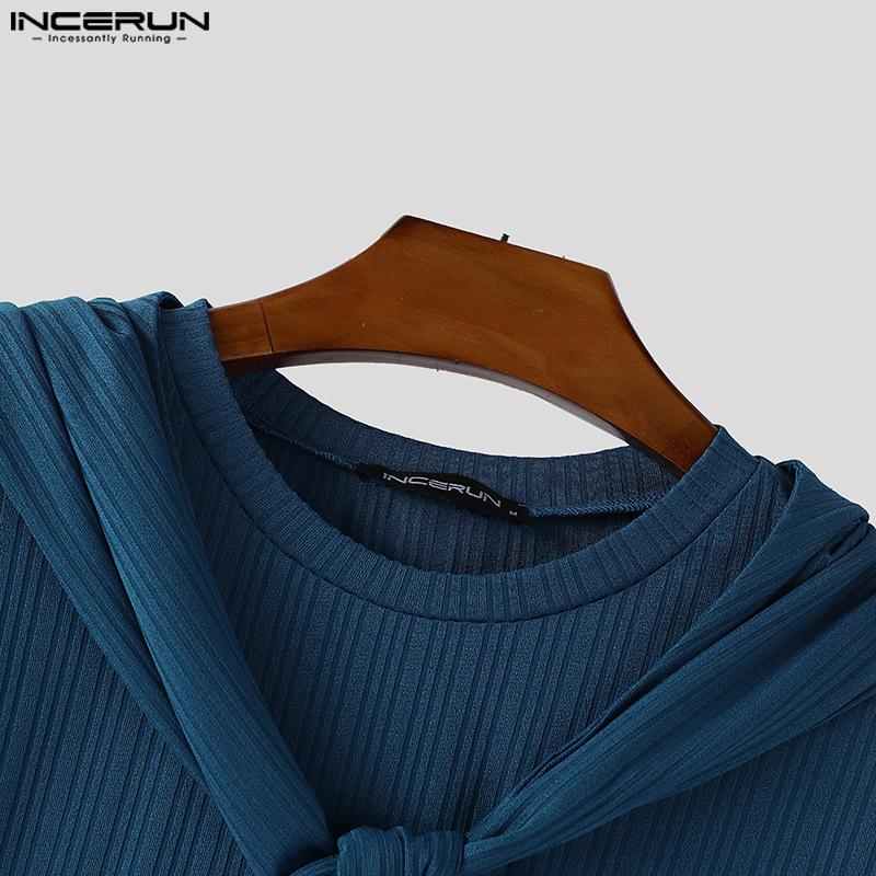 INCERUN Autumn Men Long Sleeve Hooded Texture Rib Shawl Casual Tops T-shirts