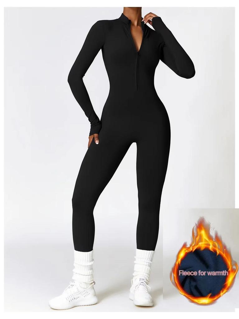 Winter Autumn Women's One-piece Yoga Jumpsuit Leggings Long-sleeved Warm Ski Overalls Outerwear High Elastic Cycling Bodysuit